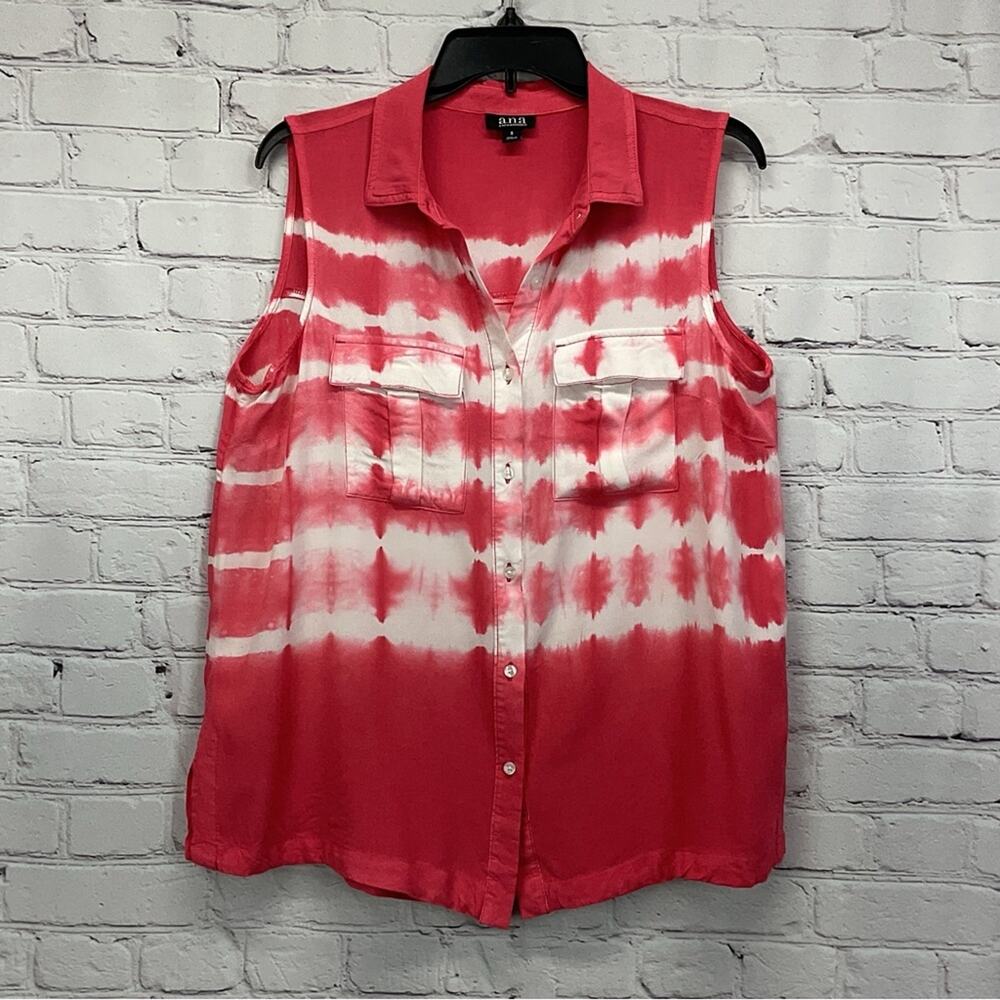 A.N.A. Top Women's Size S Pink/White Tie Dye Button Down Sleeveless Casual Beach